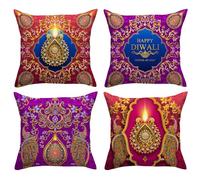 FARMNALL Diwali Throw Pillow Covers 18x18 Set of 4 Diwali Light Diyas Peacock Pillow Case Diwali Decor Indian Diwali Decorations and Supplies for Home