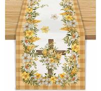 FARMNALL Linen He is Risen Easter Table Runner Buffalo Plaid Easter Religious Decoration Cross Table Runner Easter Season Decorative Holiday Spring Daffodil Flower Table Runner 13x72 Inch