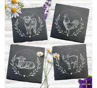 Farmyard Animal Slate Coasters, Set of 4, Highland Cow, Rooster, Lamb and Pig Design, 10 cm Square