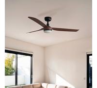 FARO BARCELONA Punt M LED ceiling fan, black/wood, DC, quiet, 130 cm