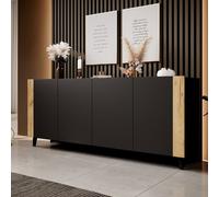 Faro Sideboard Modern Storage Unit 201Cm Pvc Veneer Finish Mdf Laminated Board With Soft Close System Black And Oak Craft