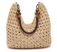 Faroby Woven Beach Bag, Large Capacity Straw Shoulder Bag with Natural Wood Bead, Stylish Straw Handbags for Summer Women - White, Shoulder