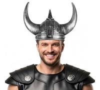 Farochy Viking Helmet with Horns for Adult, Medieval Viking Costume Viking Accessories Plastic Viking Hat for Halloween Cosplay (Silver)