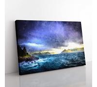 Faroe Island Ocean View Painting Modern Art Canvas Wall Art Print Ready to Hang, Framed Picture for Living Room Bedroom Home Office Décor, 50x35 cm (20x14 Inch)