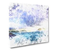 Faroe Island Ocean View Watercolour Modern Canvas Wall Art Print Ready to Hang, Framed Picture for Living Room Bedroom Home Office Décor, 20x20 Inch (50x50 cm)