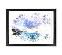 Faroe Island Ocean View Watercolour Modern Framed Wall Art Print, Ready to Hang Picture for Living Room Bedroom Home Office Décor, Black A3 (46 x 34 cm)