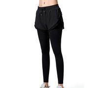FaroLy Faux Two-piece Sports Pants, Hip-covering Shorts Layer Elastic Drawstring Waistband Built-in Phone Pocket, Fitness and Casual Wear(Black,S)