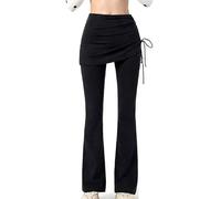 FaroLy Imitation Two-piece Flare Hem Yoga Pants, Side Drawstring Ruched Design High Waist With Tummy Control, Fitness and Casual Wear(Black,M)