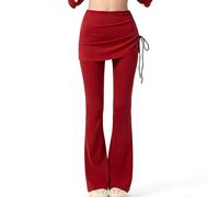 FaroLy Imitation Two-piece Flare Hem Yoga Pants, Side Drawstring Ruched Design High Waist With Tummy Control, Fitness and Casual Wear(Red,M)