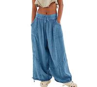 FaroLy Women's Casual Cotton Linen Baggy Pants Elastic Waist Relax Fit Lantern Trouser Summer Loose Beach Harem Pant (Color : Blue, Size : M)