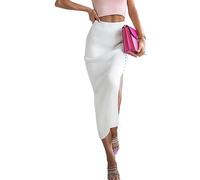 FaroLy Women's Ribbed Knit Split Stretchy Pencil Bodycon Midi Skirt Elegant Slim High Waist Long Maxi Skirt (Color : White, Size : L)