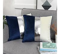 Faromily Navy Blue Velvet Silver Patchwork Pillow Covers 18x18 Luxury Modern Decorative Striped Leather Soft Solid Pillow Plush Square Accent Cushion Covers Set of 2 (Blue, 18x18)