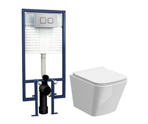 Faron Soft Square Wall Hung Toilet Pan, Soft Close Seat & Concealed Cistern With Square Push Button Plate, 325mm - Balterley