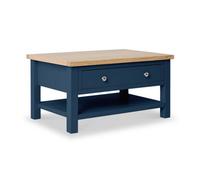 Farro Navy Blue 85Cm Large Coffee Table With Drawer And Shelf - Painted With Oak Top By Roseland Furniture