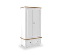 Farrow White Double Wardrobe with Storage Drawer & Oak Top | Roseland Furniture Contemporary Painted Solid Wooden 2 Door Gents Closet Unit for Bedroom with Hanging Rail