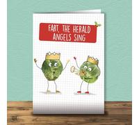 Fart The Herald Angels Sing Cute Brussles Sprout Christmas Card With Gold Foil Finish