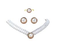 Faruodis 4Pcs Pearl Strands Wedding Necklace Earrings Set Bridal French Crystal Choker Necklace Ring Sets Rhinestone Vintage French Collar Necklace Chain Jewelry for Women (Gold)