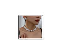4Pcs Pearl Strands Wedding Necklace Earrings Set Bridal French Crystal Choker Necklace Ring Sets Rhinestone Vintage French Collar Necklace Chain Jewelry for Women (Silver)