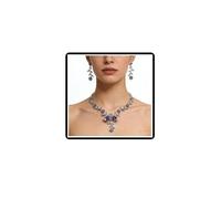 Faruodis Crystal Flower Weeding Necklace Earrings Set Bridal Rhinestone Teardrop Leaf Jewelry Sets for Women (Purple)