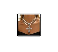 Faruodis Crystal Pearl Cross Necklace Vintage Layered Faux Pearl Pendant Necklace Rhinestone Crucifix Jewelry for Women (White)