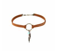 Faruodis Leather Feather Choker Necklace Boho Turquoise Beads Leaf Necklace Collar Chain Tassels Jewelry for Women (Brown)