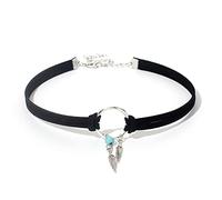 Faruodis Leather Feather Choker Necklace Boho Turquoise Beads Leaf Necklace Collar Chain Tassels Jewelry for Women (Black)