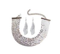 Faruodis Sequins Necklace Earrings Set Wide Metal Mesh Choker Necklace Punk Shiny Sequins Collar Necklace Chain Jewelry for Women (Silver)