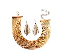 Faruodis Sequins Necklace Earrings Set Wide Metal Mesh Choker Necklace Punk Shiny Sequins Collar Necklace Chain Jewelry for Women (Gold)
