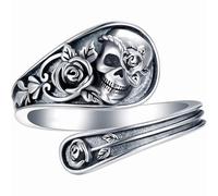 Faruodis Skull Skeleton Rose Flower Ring Vintage Grim Reaper Knuckle Ring Death Cross Finger Joint Band Jewelry for Women Men (Silver A)