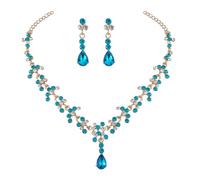 Faruodis Wedding Necklace Earrings Sets for Women Crystal Bridal Flower Pendant Necklace Chain Vintage Rhinestone Necklace Teardrop Ball Dangle Jewelry for Bride Bridesmaid (Blue)