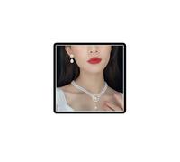 Wedding Pearl Necklace Earrings Set Bridal Camellia Flower Pendant Necklace Chain Vintage Crystal Flower Jewelry for Women (White B)