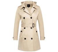 FARVALUE Women's Classic Double Breasted Windproof Waterproof Trench Coat with Lapel Belt and Removable Hood, khaki, M