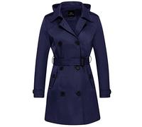 FARVALUE Women's Waterproof Trench Coat Double Breasted Windbreaker Classic Belted Lapel Overcoat with Removable Hood, Navy, S