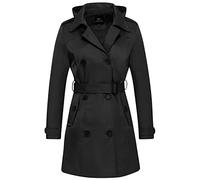 FARVALUE Women's Waterproof Trench Coat Double Breasted Windbreaker Classic Belted Lapel Overcoat with Removable Hood, Black, L