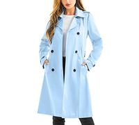 FARVALUE Women's Waterproof Trench Coat Long Double Breasted Windbreaker Classic Belted Lapel Overcoat with Removable Hood, Blue-new, M