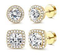 FASACCO 14K Flat Back Round Square Stud Earrings for Men Women Large Big Cubic Zirconia Stud Earrings Mens Earrings Flatback Earrings, 8.5 millimeters, Stainless Steel, stainless steel