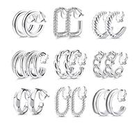 FASACCO Gold Clip on Earrings Retro Gold Chunky Hoop Clip Earrings Twist Triple CZ Clip on Hoop Earrings for Women Non-Pierced Fake Earrings, 9Pairs, Metal, alloy