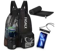 FASALX 3-in-1 Beach Gym Gear Set.Mesh Drawstring Backpack + Microfiber Beach Towel + Waterproof Phone Pouch, for Swimming, Gym, Black, One Size, Mesh Beach Backpack