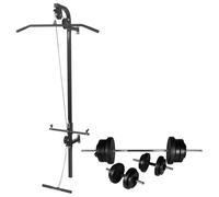 Fasba Wall-Mounted Power Tower with Lat Pull-Down & Pull-Up Bars, Barbell & Dumbbell Set - Black Steel Model275357