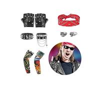 FASBET 9pcs Rock Star Fancy Dress includes 2 Sleeves 2 Rings 2 Bracelets 2 Gloves 1 Headband, Punk Rockstar Accessories Rockstar Fancy Dress 80s Rock Star Costume