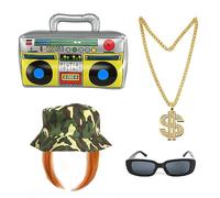 FASBET Kevin Ginger Wig Fancy Dress 80s 90s Hip Hop Costume Kit Ginger Wig, Bucket Hat, Boom Box, Gold Chain, Glasses, Rapper Fancy Dress Wigs Hip Hop Fancy Dress Wigs 90s Rave Fancy Dress