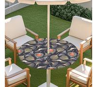 Fasbuy Floral Print Outdoor Round Tablecloth with Umbrella Hole and Zipper, Table Cloth Waterproof, Damask Ceramic Tile Mandala Wipeable Tablecloths Elastic Edge for Garden (Grey,S:79-89cm)