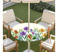 Fasbuy Outdoor Round Tablecloth with Parasol Hole and Zipper, Table Cloth Waterproof Antifouling, 3D Floral Pattern Table Cloth Wipe Clean, Elastic Edge Garden Tablecloths (Garden,31-35inch)