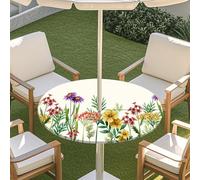 Fasbuy Outdoor Round Tablecloth with Parasol Hole and Zipper, Table Cloth Waterproof Antifouling, 3D Floral Pattern Table Cloth Wipe Clean, Elastic Edge Garden Tablecloths (Garden 2,36-44inch)