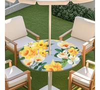 Fasbuy Outdoor Round Tablecloth with Parasol Hole and Zipper, Table Cloth Waterproof Antifouling, 3D Floral Pattern Table Cloth Wipe Clean, Elastic Edge Garden Tablecloths (Lilies,31-35inch)