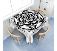 Fasbuy Square Wipe Clean Tablecloth Kitchen, Mandala Table Cloth Stain Resistant Party Tablecloth with clips Spill-Proof Dust-Proof Table Cloth for Dinner Cafe (Black white,150x150cm)