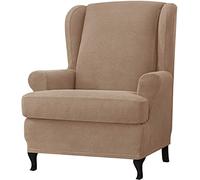 FASCINATDECO 2 Piece Stretch Wingback Chair Cover Jacquard Wingback Chair Slipcovers Ultra Soft Spandex Fabric Wing Chair Cover with Elastic Bottom for Living Room Bedroom Wingback Chair (Camel)