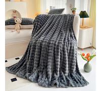 FASCINATDECO Fleece Throw Blanket Dark Grey Bubble Faux Fur Fluffy Bed Blanket Super Cosy Warm Large Blanket for Bed Sofa Couch Home Decor, 160x200cm