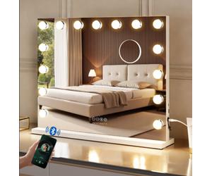Fascinate Bluetooth 5.0 Hollywood Mirror 15 Led White Vanity Mirror Premium Acoustic Sound Speakerphone Usb Charge Wall Stand