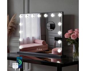 Fascinate Hollywood Mirror Large 58X48Cm 15 Led Matte Black Metal Frame Studio Vanity Mirror Wall Mount Tabletop Dressing Table